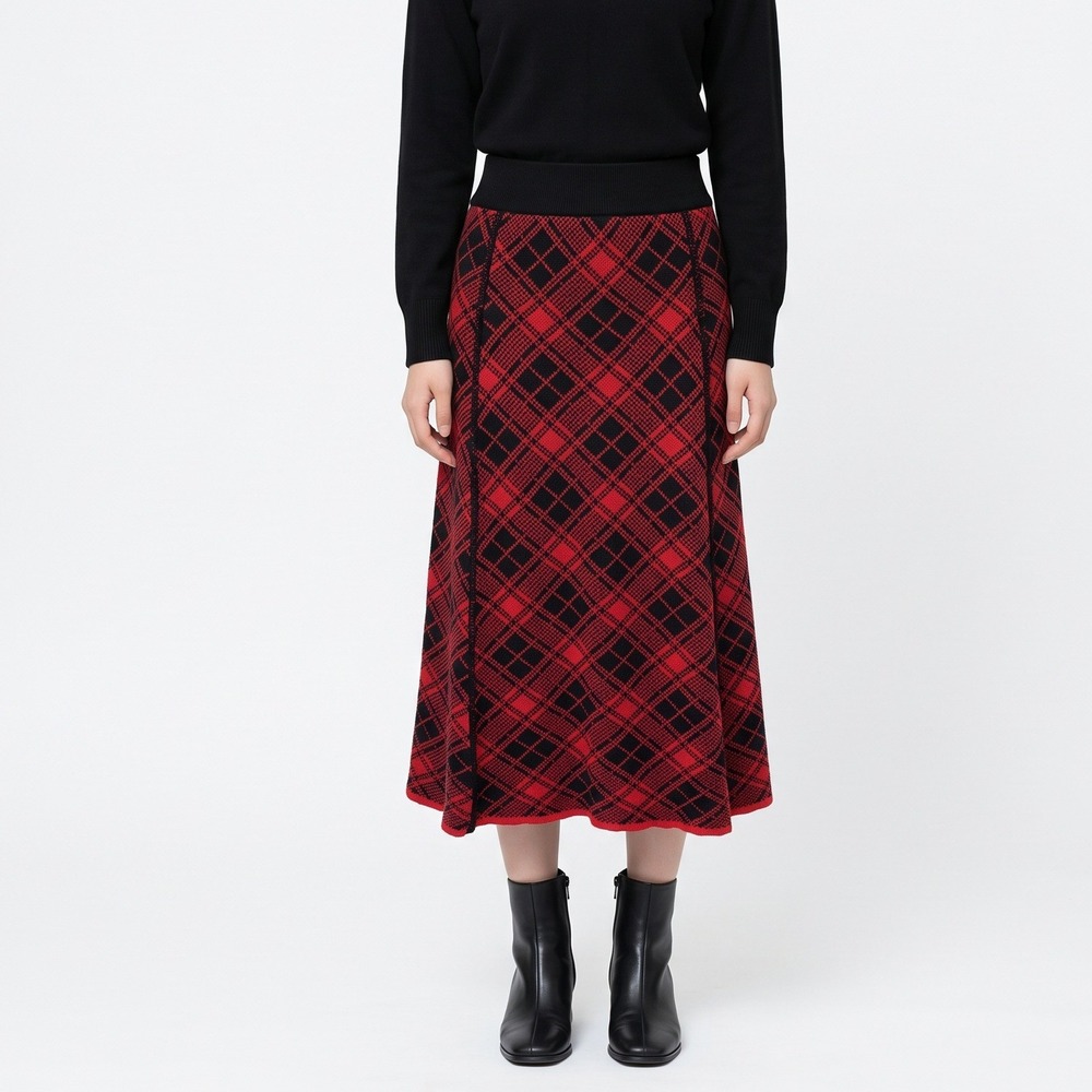 Red Black Plaid A-Line Midi Skirt by Green 3 Sz Large Ribbed Waist Made in USA